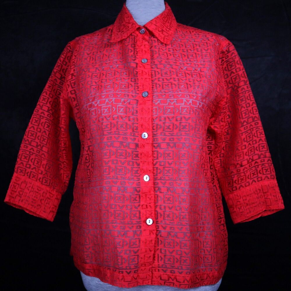 Choices Red Geometric Lace Transparent Shirt Button Up Rayon Blend Size S
